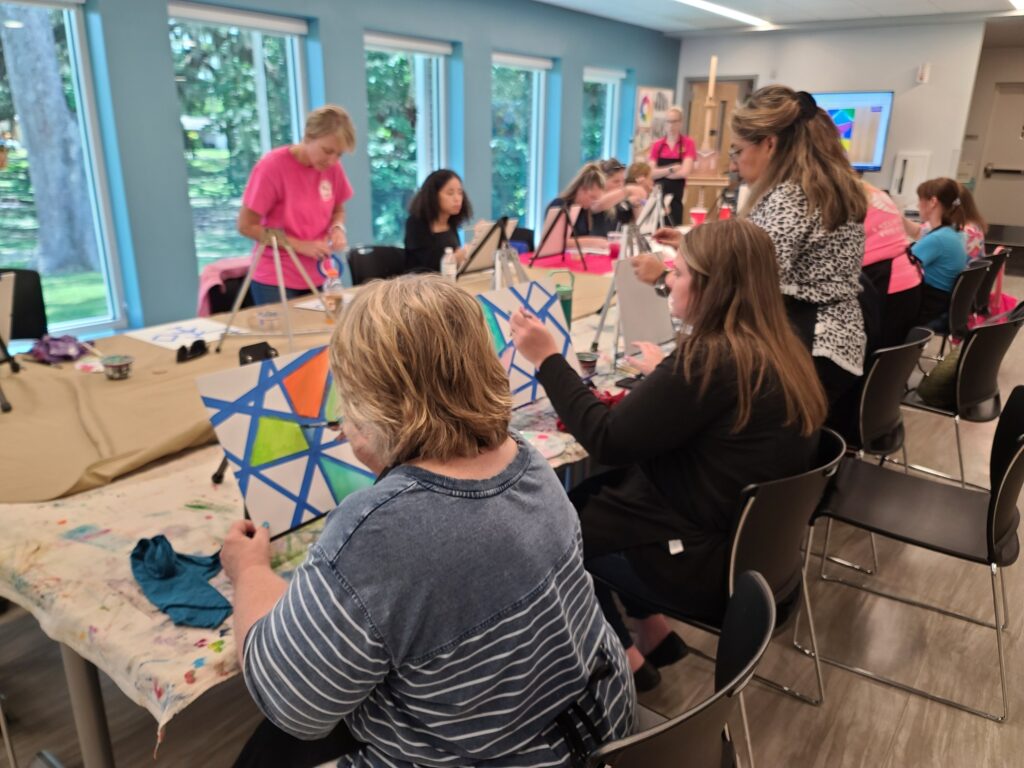 An art class with people painting colorful canvasses on tabletop easels.