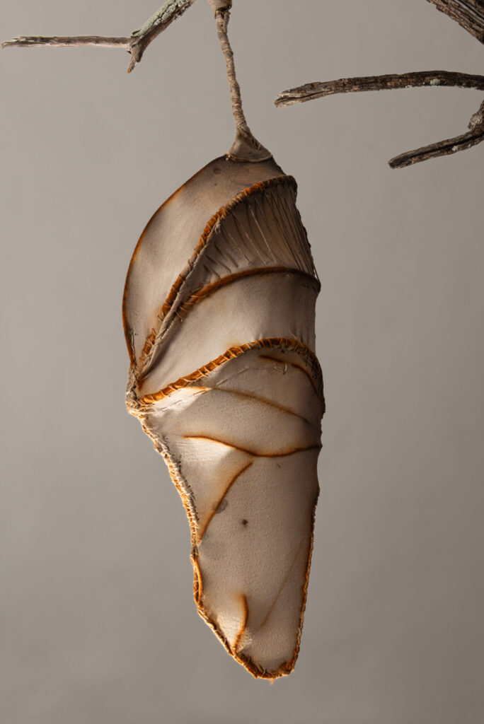 Close view of pale fabric vessel wrapped with oxidized wire, showing pleated structure and rust-stained edges