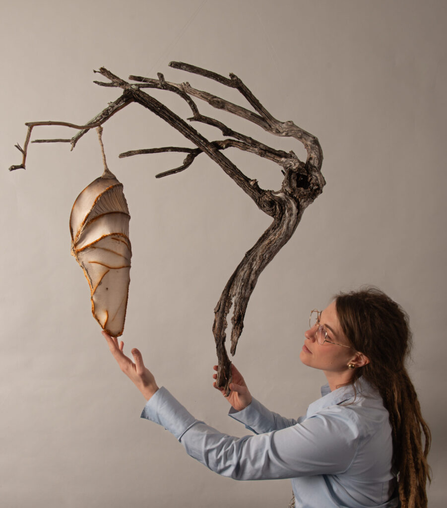 Sarah A. Uys installing Refugia: Threshold artwork. Upper body of artist in blue dress shirt hanging cocoon on tree root fiber sculpture.