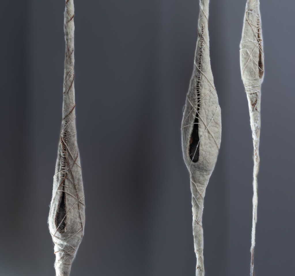 Three felted wool pod forms against grey wall, wrapped in thread, dark interior objects barely visible.