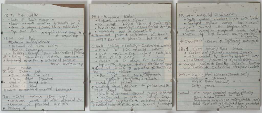 Handwritten notes with information on pigment histories and a list of materials used in soft sculpture Medically Necessary.